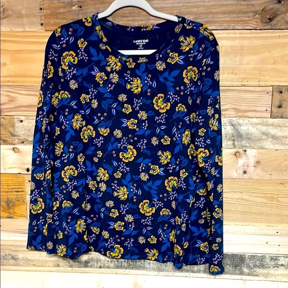Lands’ End LP Blue Crewneck Long Sleeve With Floral Print Relaxed Fit T-Shirt - Picture 1 of 7